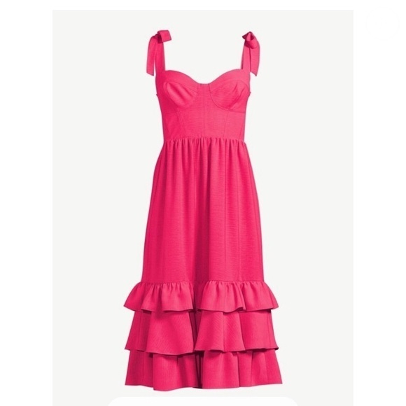 Pink bustier neck tiered hem shoulder tie smocked back sundress - Picture 3 of 6